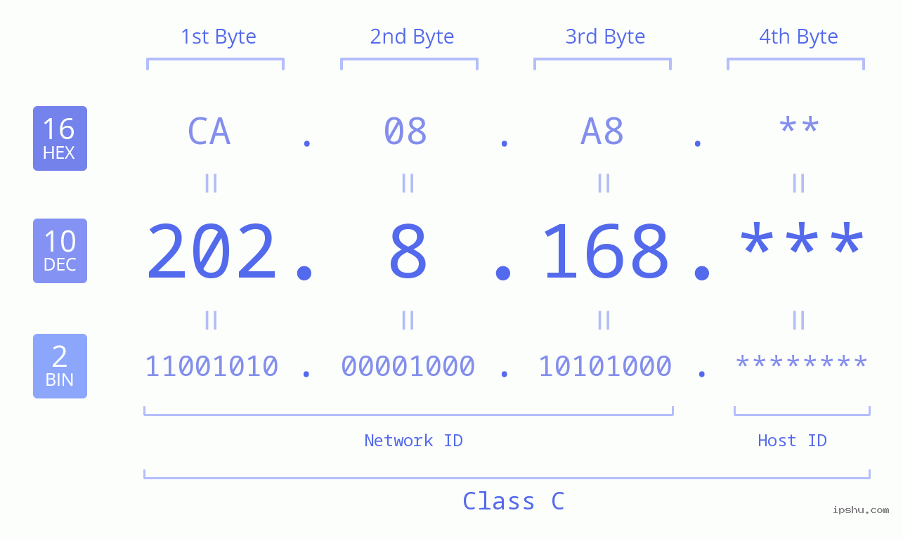 IP Address: 202.8.168 Data Structure Chart BIN DEC HEX IPv4: 202.8.168 Network Class, Net ID, Host ID