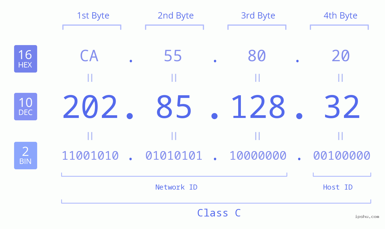 IP Address: 202.85.128.32 Data Structure Chart BIN DEC HEX IPv4: 202.85.128.32 Network Class, Net ID, Host ID
