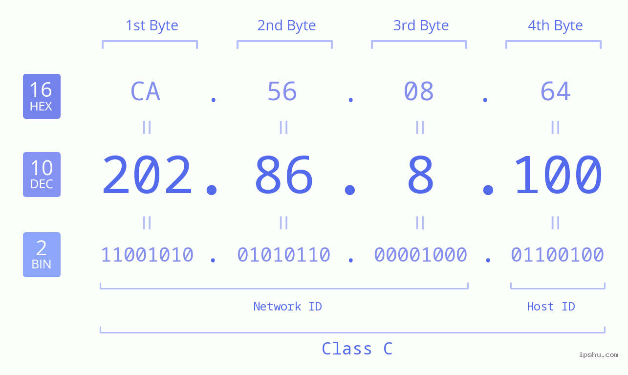IPv4: 202.86.8.100 Network Class, Net ID, Host ID