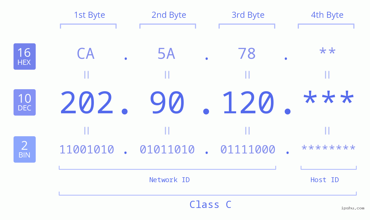 IP Address: 202.90.120 Data Structure Chart BIN DEC HEX IPv4: 202.90.120 Network Class, Net ID, Host ID