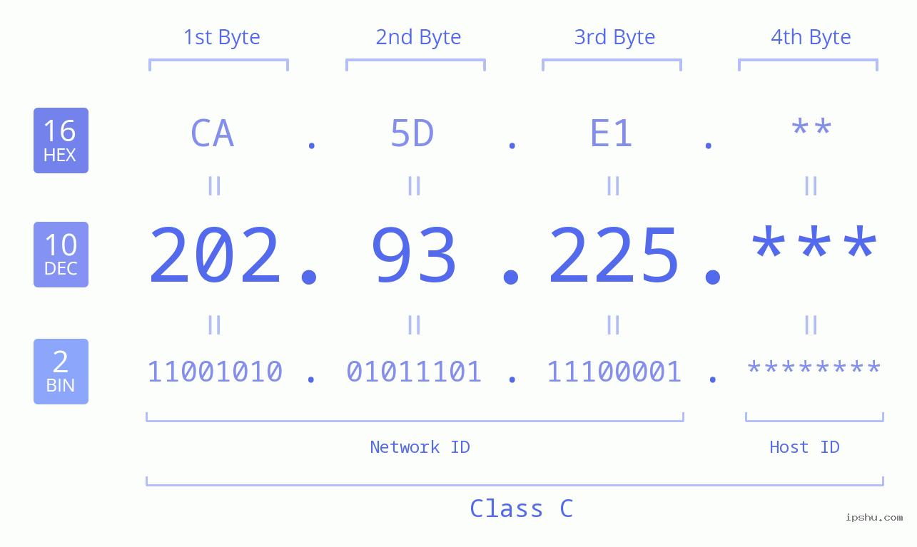 IP Address: 202.93.225 Data Structure Chart BIN DEC HEX IPv4: 202.93.225 Network Class, Net ID, Host ID