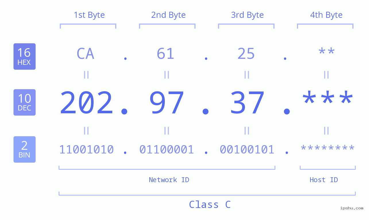 IP Address: 202.97.37 Data Structure Chart BIN DEC HEX IPv4: 202.97.37 Network Class, Net ID, Host ID
