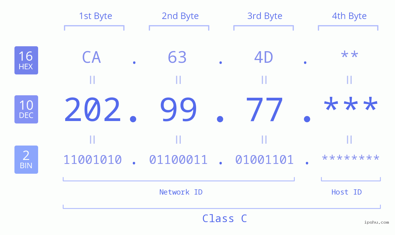IP Address: 202.99.77 Data Structure Chart BIN DEC HEX IPv4: 202.99.77 Network Class, Net ID, Host ID