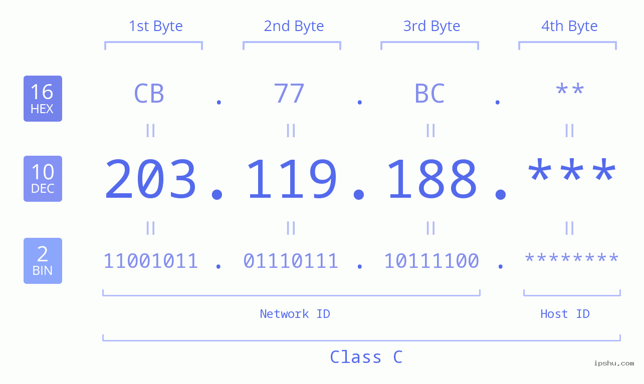 IP Address: 203.119.188 Data Structure Chart BIN DEC HEX IPv4: 203.119.188 Network Class, Net ID, Host ID
