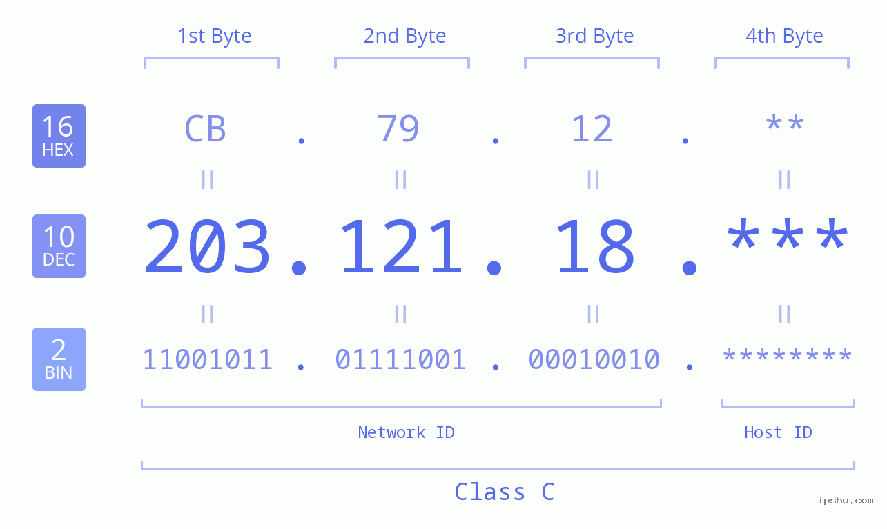 IP Address: 203.121.18 Data Structure Chart BIN DEC HEX IPv4: 203.121.18 Network Class, Net ID, Host ID
