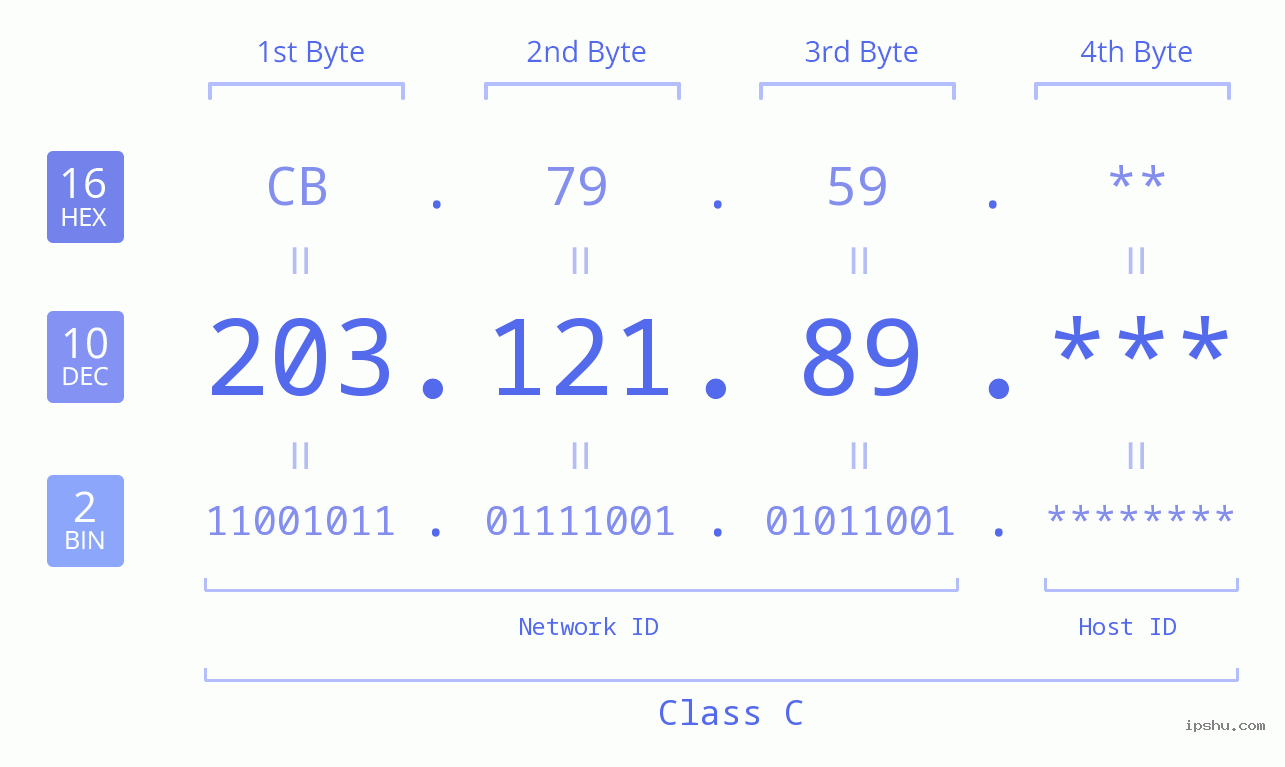 IP Address: 203.121.89 Data Structure Chart BIN DEC HEX IPv4: 203.121.89 Network Class, Net ID, Host ID