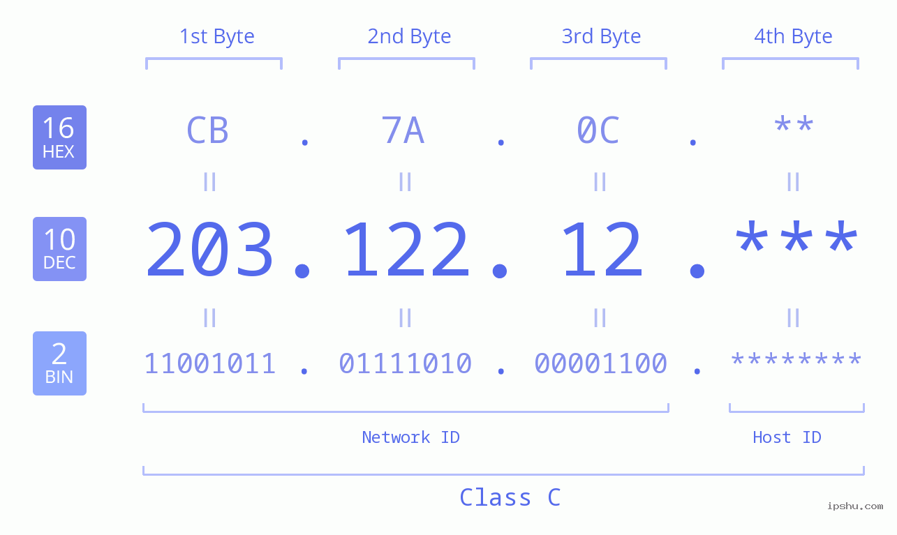 IP Address: 203.122.12 Data Structure Chart BIN DEC HEX IPv4: 203.122.12 Network Class, Net ID, Host ID