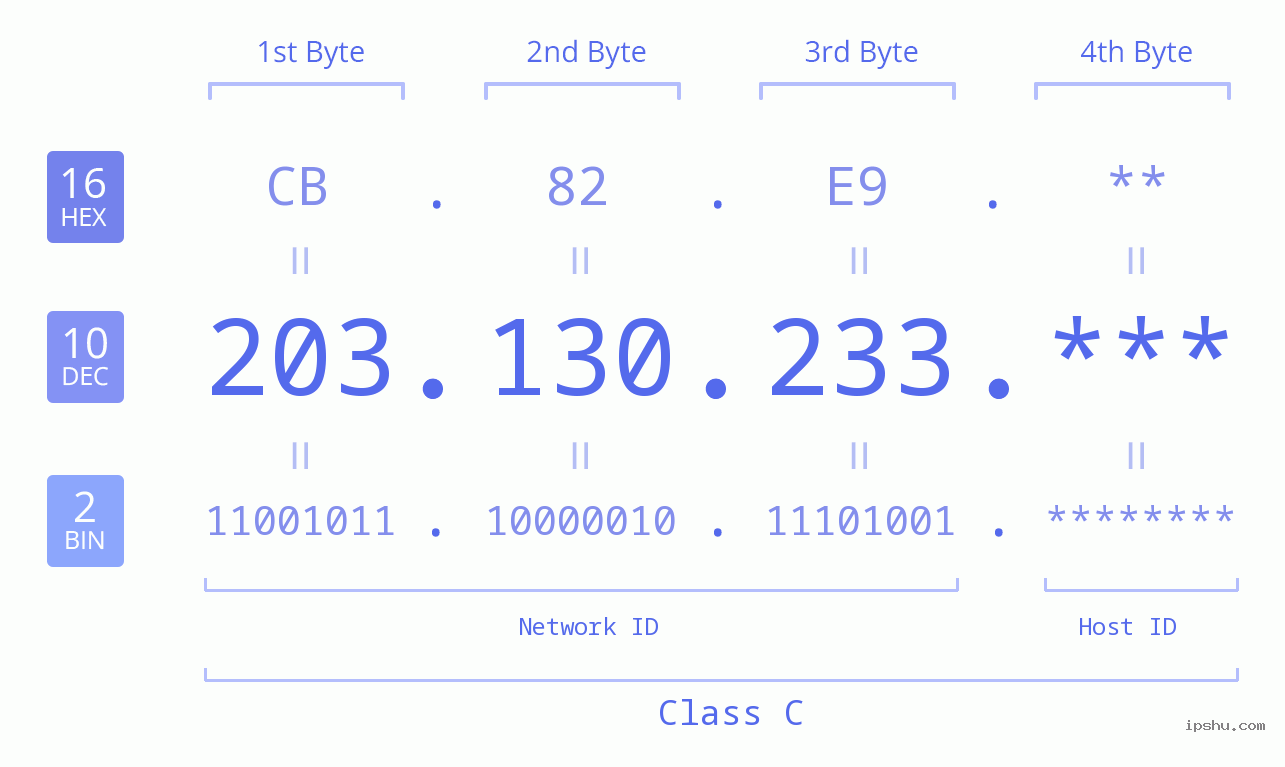 IP Address: 203.130.233 Data Structure Chart BIN DEC HEX IPv4: 203.130.233 Network Class, Net ID, Host ID