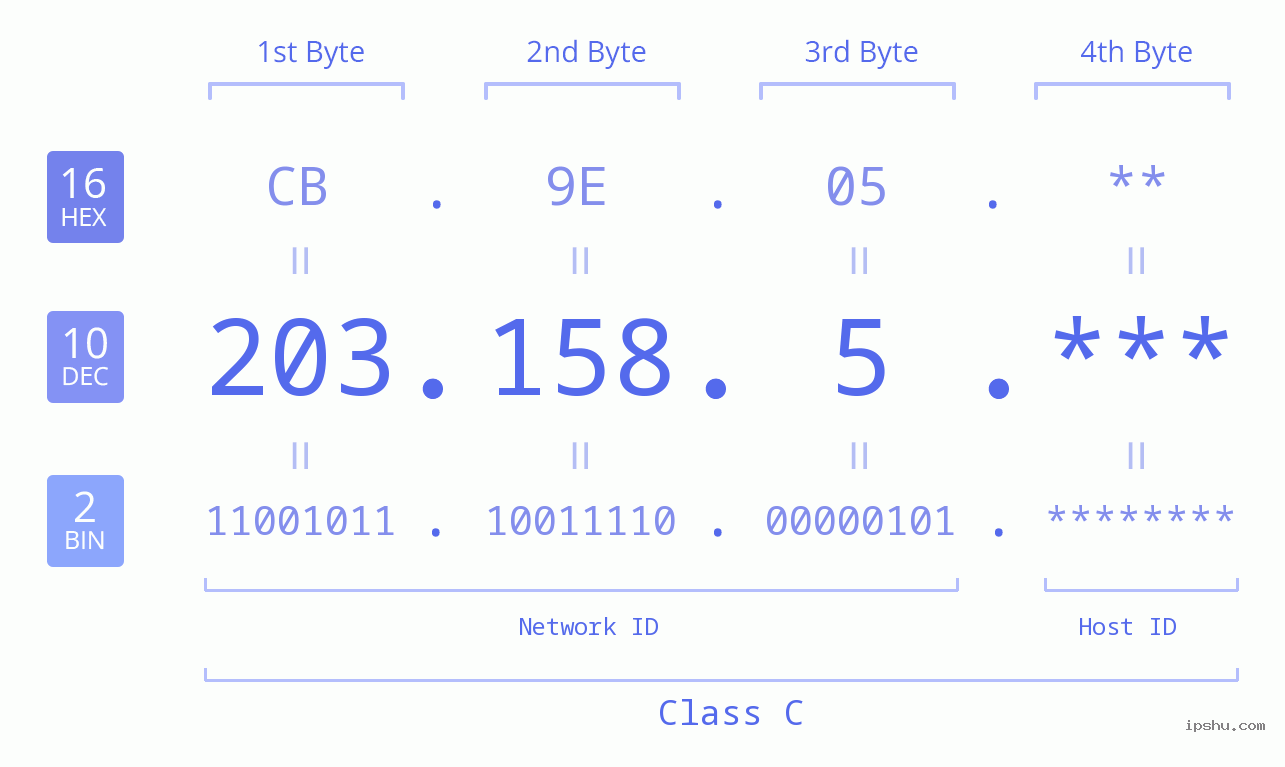 IP Address: 203.158.5 Data Structure Chart BIN DEC HEX IPv4: 203.158.5 Network Class, Net ID, Host ID