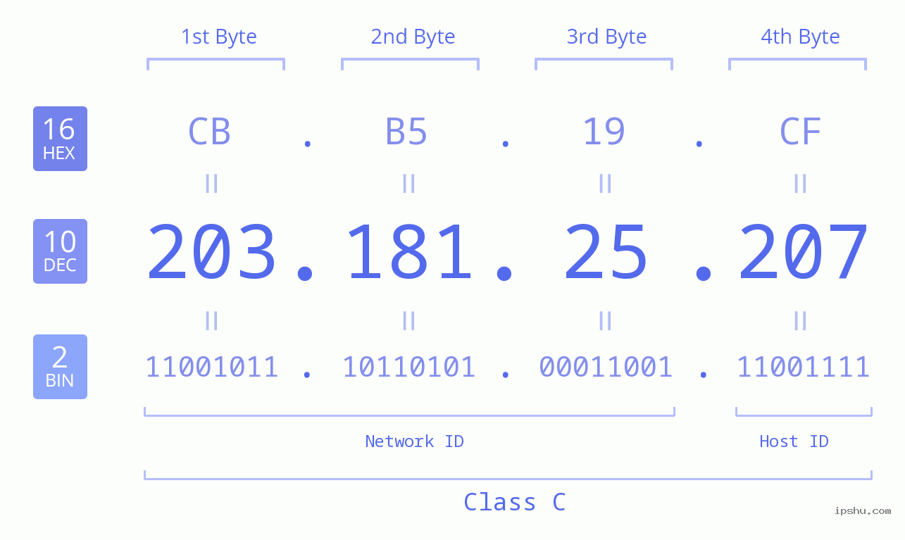 IPv4: 203.181.25.207 Network Class, Net ID, Host ID