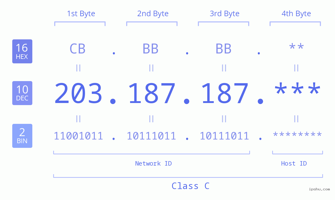 IP Address: 203.187.187 Data Structure Chart BIN DEC HEX IPv4: 203.187.187 Network Class, Net ID, Host ID