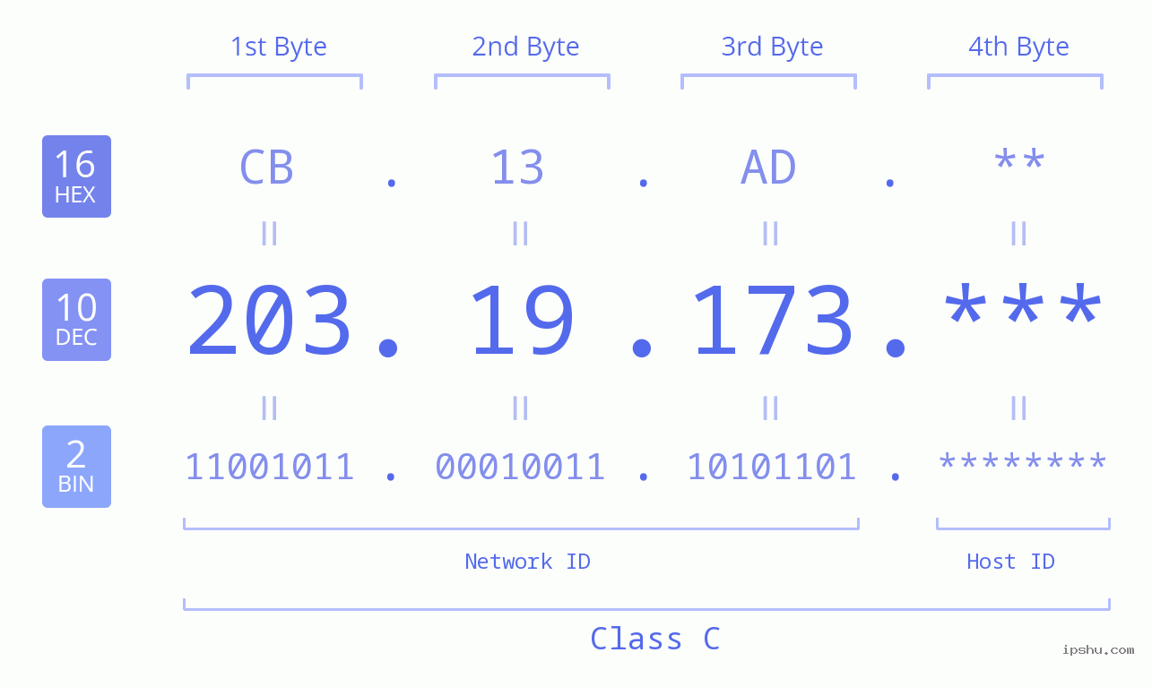 IP Address: 203.19.173 Data Structure Chart BIN DEC HEX IPv4: 203.19.173 Network Class, Net ID, Host ID
