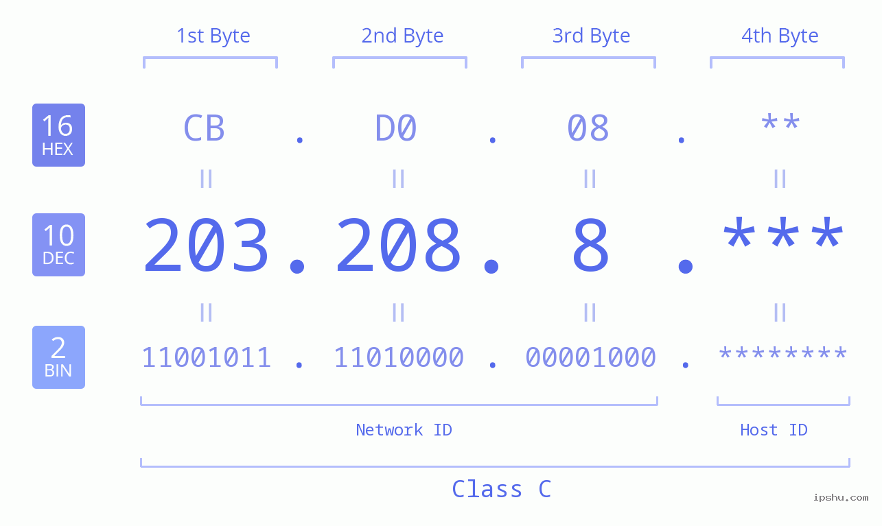 IP Address: 203.208.8 Data Structure Chart BIN DEC HEX IPv4: 203.208.8 Network Class, Net ID, Host ID