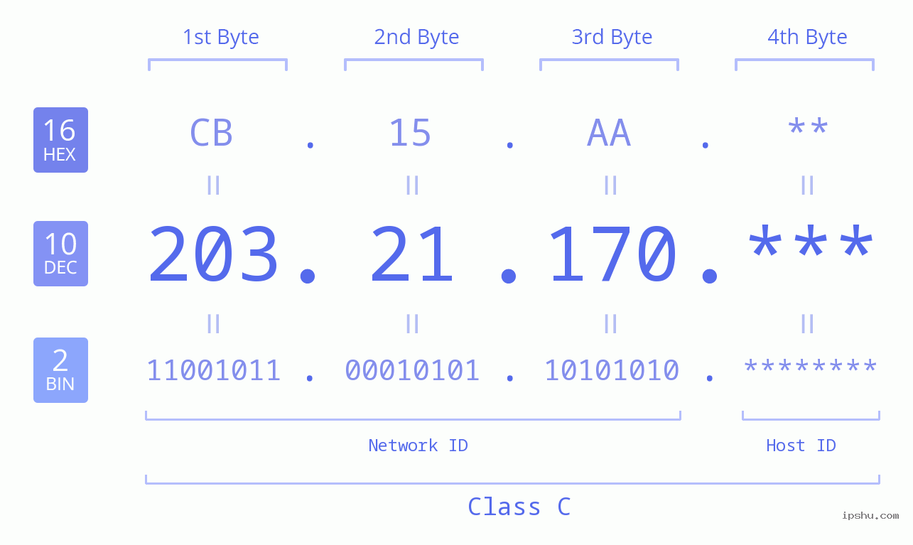IP Address: 203.21.170 Data Structure Chart BIN DEC HEX IPv4: 203.21.170 Network Class, Net ID, Host ID