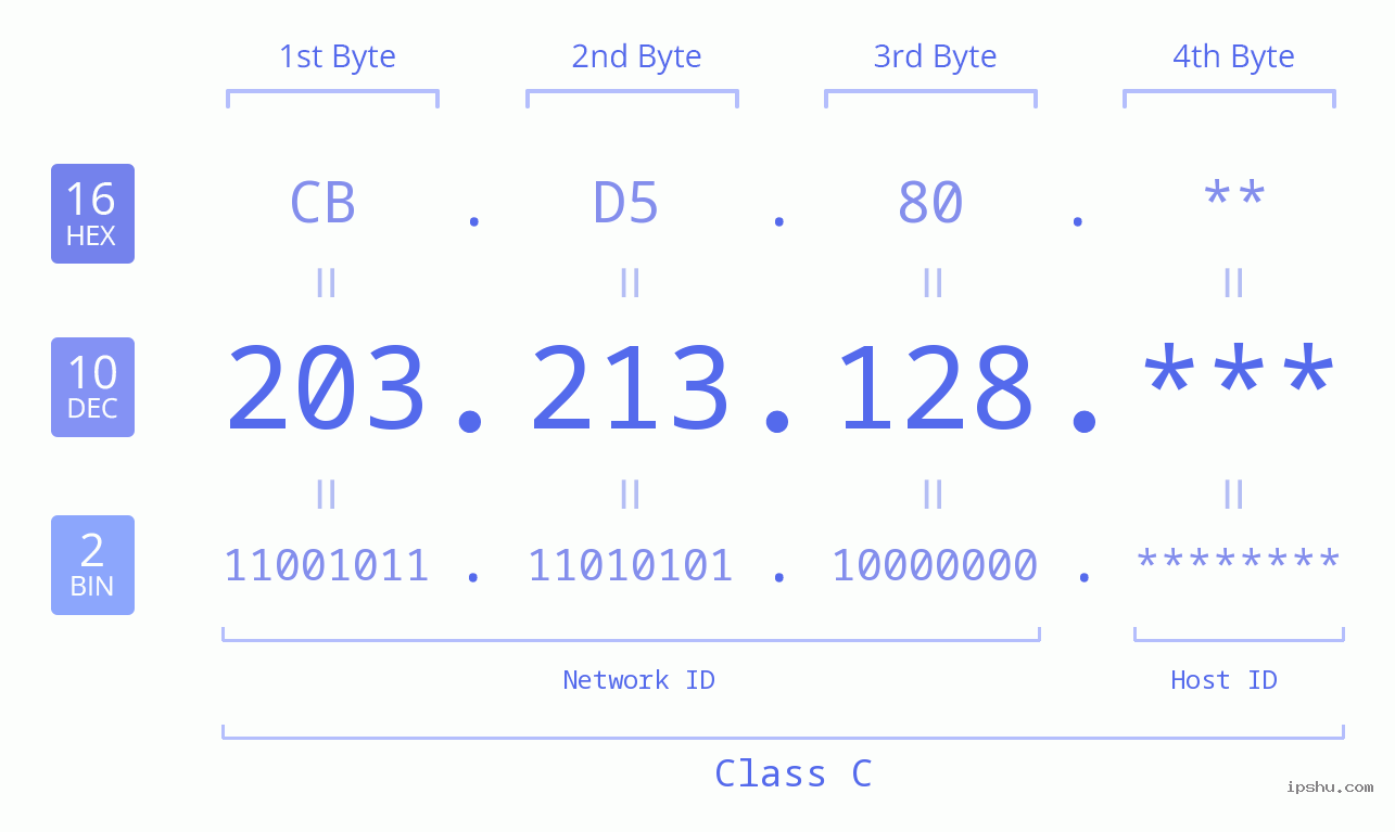 IP Address: 203.213.128 Data Structure Chart BIN DEC HEX IPv4: 203.213.128 Network Class, Net ID, Host ID