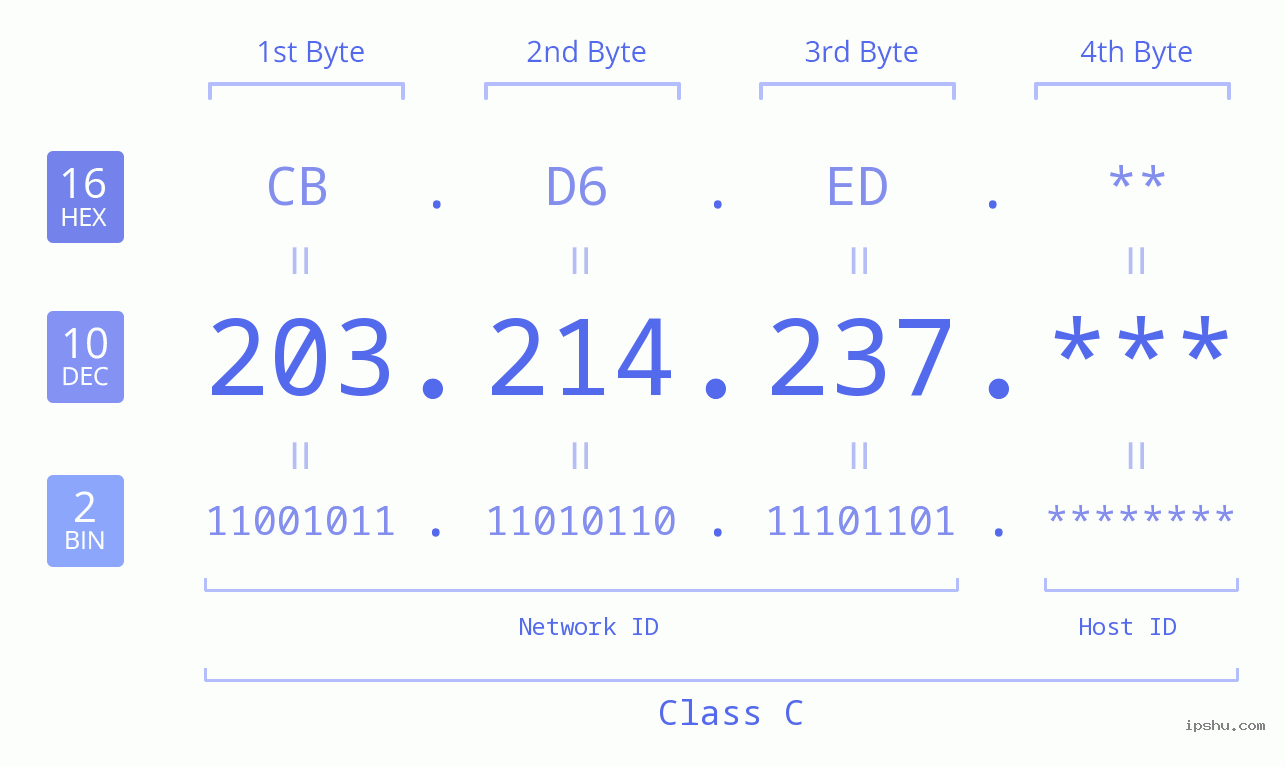 IP Address: 203.214.237 Data Structure Chart BIN DEC HEX IPv4: 203.214.237 Network Class, Net ID, Host ID