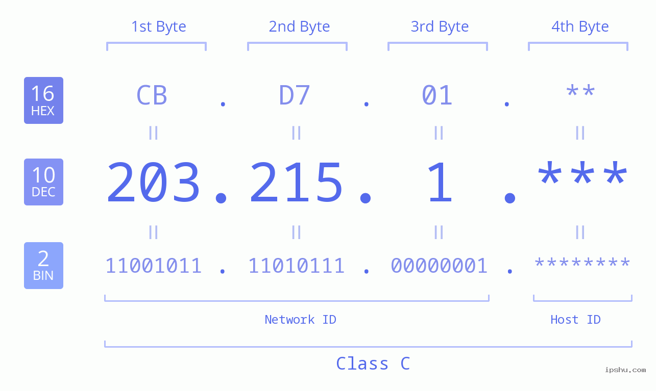 IP Address: 203.215.1 Data Structure Chart BIN DEC HEX IPv4: 203.215.1 Network Class, Net ID, Host ID