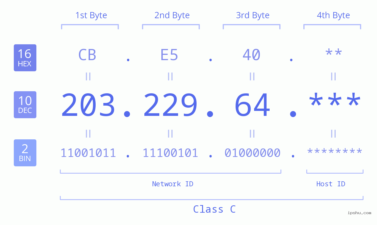 IP Address: 203.229.64 Data Structure Chart BIN DEC HEX IPv4: 203.229.64 Network Class, Net ID, Host ID