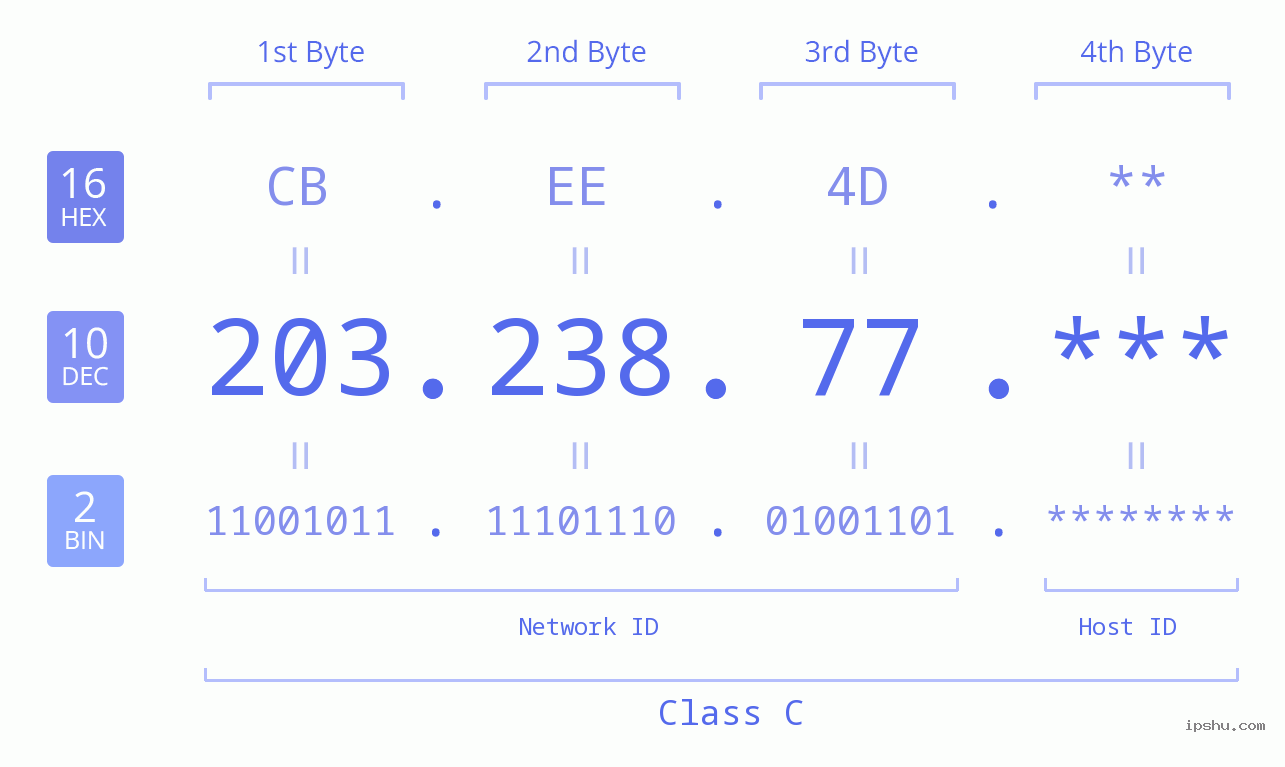 IP Address: 203.238.77 Data Structure Chart BIN DEC HEX IPv4: 203.238.77 Network Class, Net ID, Host ID