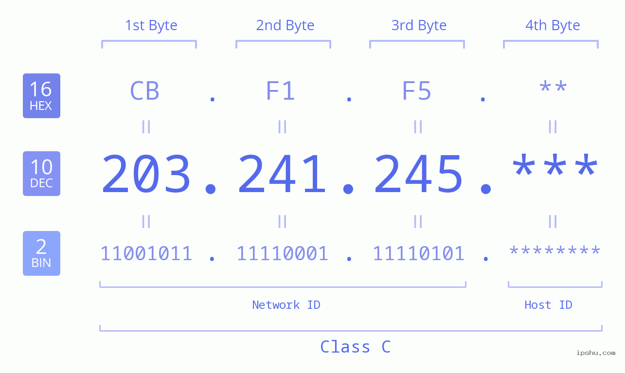 IP Address: 203.241.245 Data Structure Chart BIN DEC HEX IPv4: 203.241.245 Network Class, Net ID, Host ID