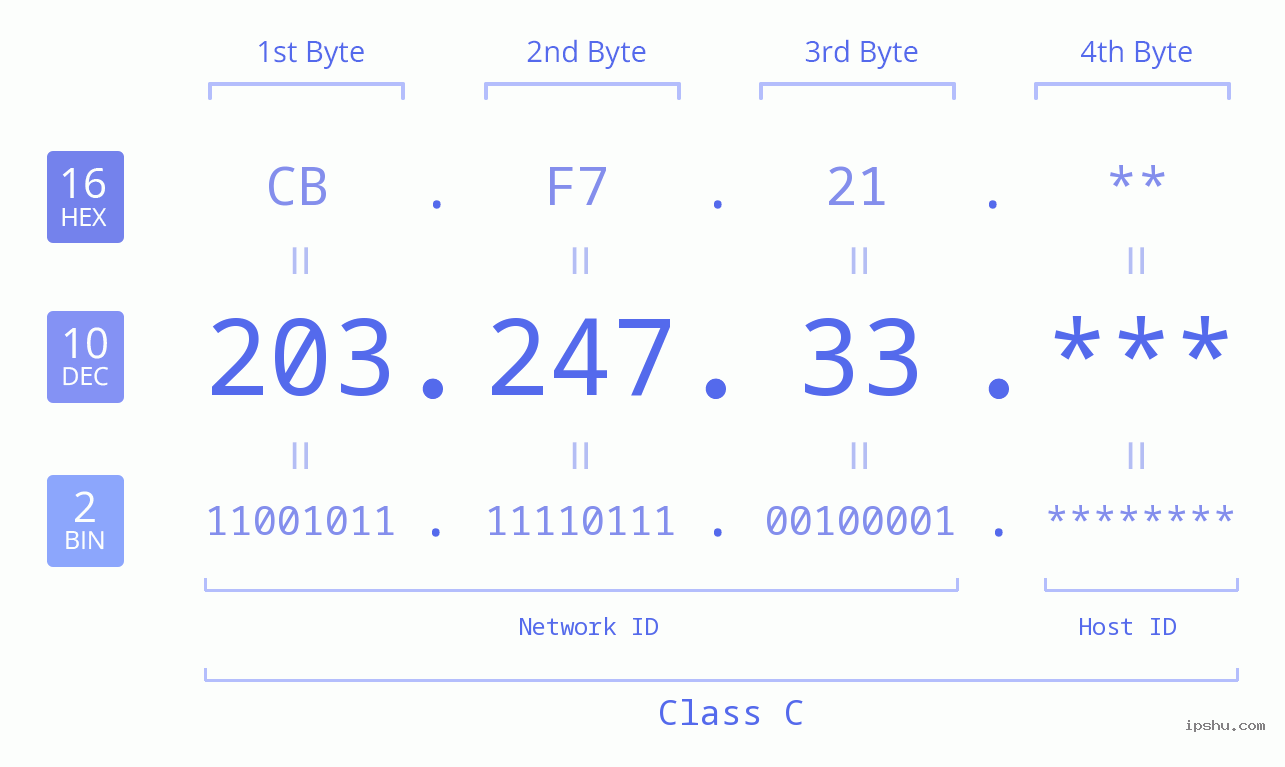 IP Address: 203.247.33 Data Structure Chart BIN DEC HEX IPv4: 203.247.33 Network Class, Net ID, Host ID