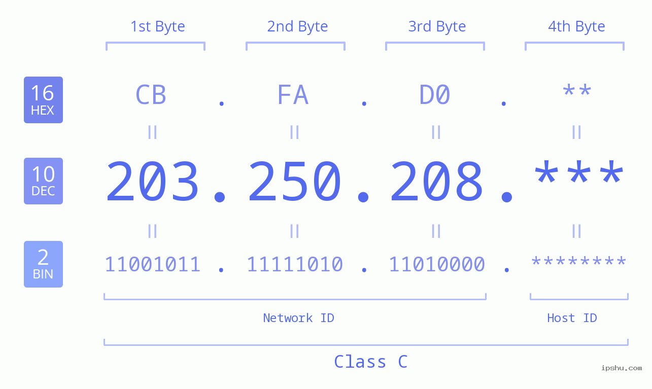 IP Address: 203.250.208 Data Structure Chart BIN DEC HEX IPv4: 203.250.208 Network Class, Net ID, Host ID