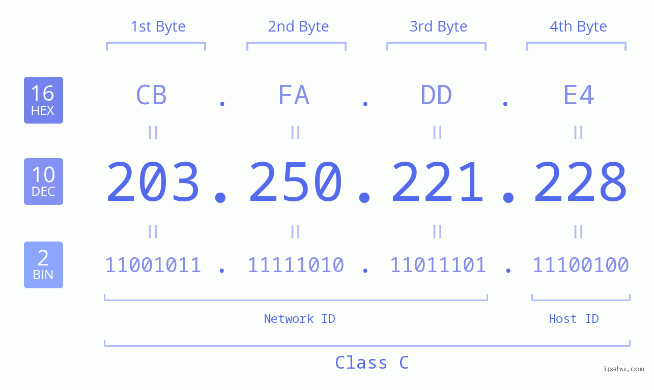 IPv4: 203.250.221.228 Network Class, Net ID, Host ID