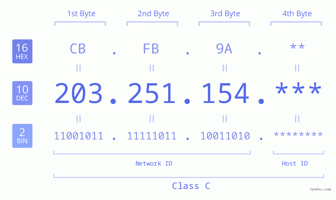 IP Address: 203.251.154 Data Structure Chart BIN DEC HEX IPv4: 203.251.154 Network Class, Net ID, Host ID