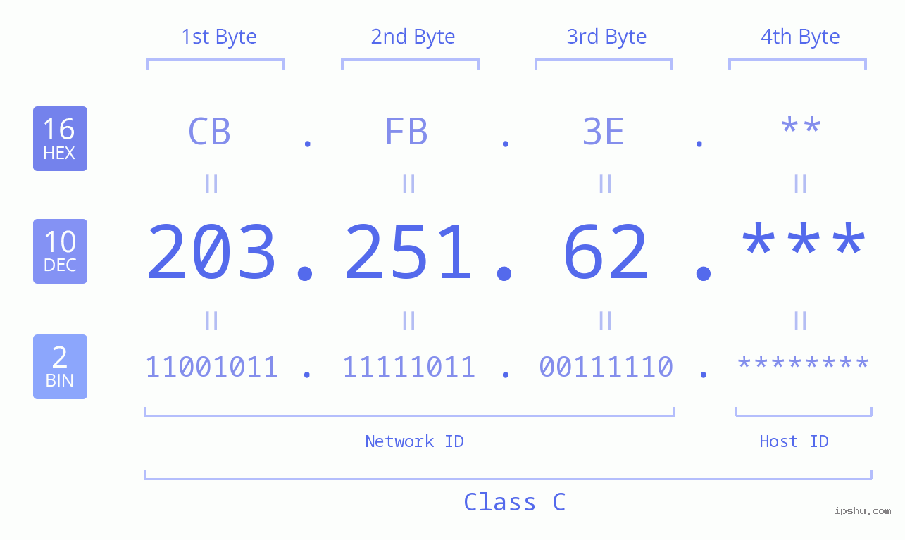 IP Address: 203.251.62 Data Structure Chart BIN DEC HEX IPv4: 203.251.62 Network Class, Net ID, Host ID