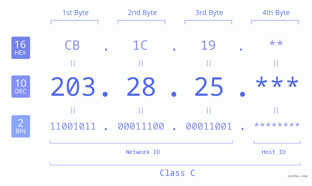 IP Address: 203.28.25 Data Structure Chart BIN DEC HEX IPv4: 203.28.25 Network Class, Net ID, Host ID