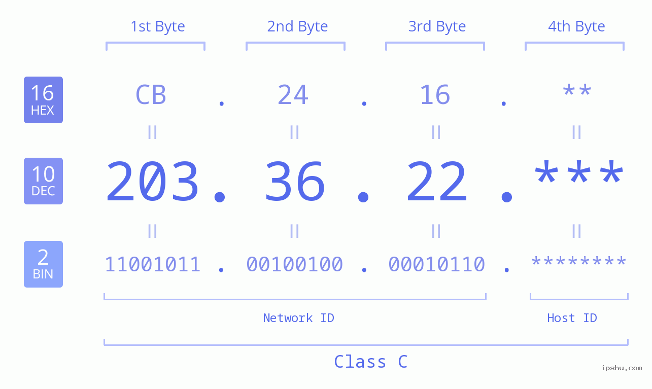 IP Address: 203.36.22 Data Structure Chart BIN DEC HEX IPv4: 203.36.22 Network Class, Net ID, Host ID