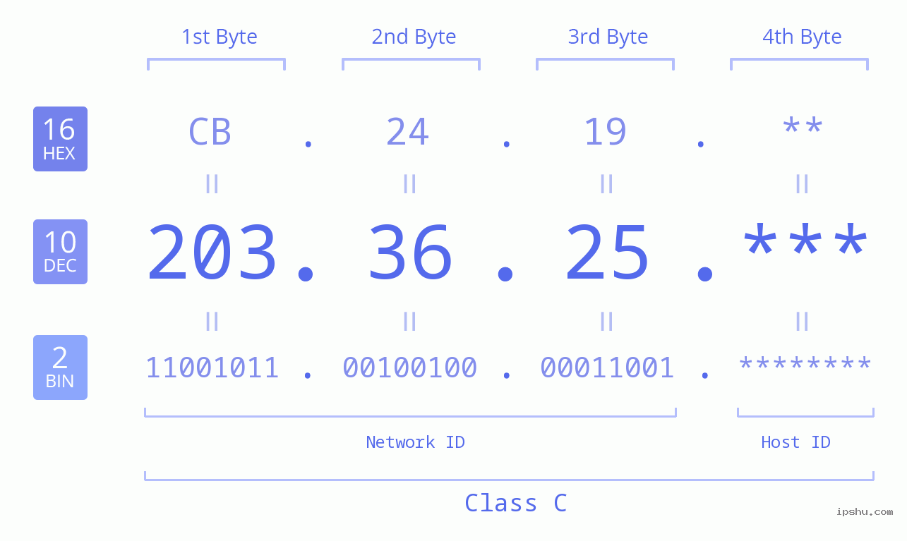 IP Address: 203.36.25 Data Structure Chart BIN DEC HEX IPv4: 203.36.25 Network Class, Net ID, Host ID