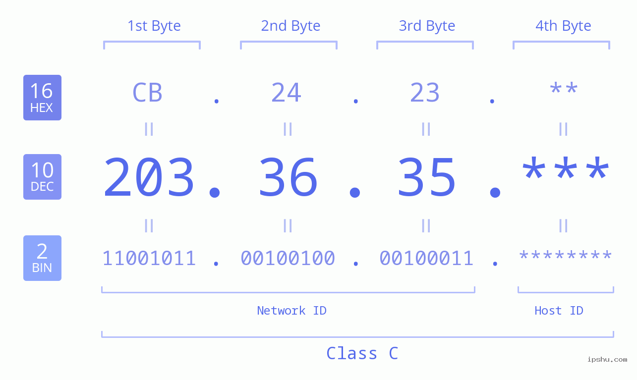 IP Address: 203.36.35 Data Structure Chart BIN DEC HEX IPv4: 203.36.35 Network Class, Net ID, Host ID