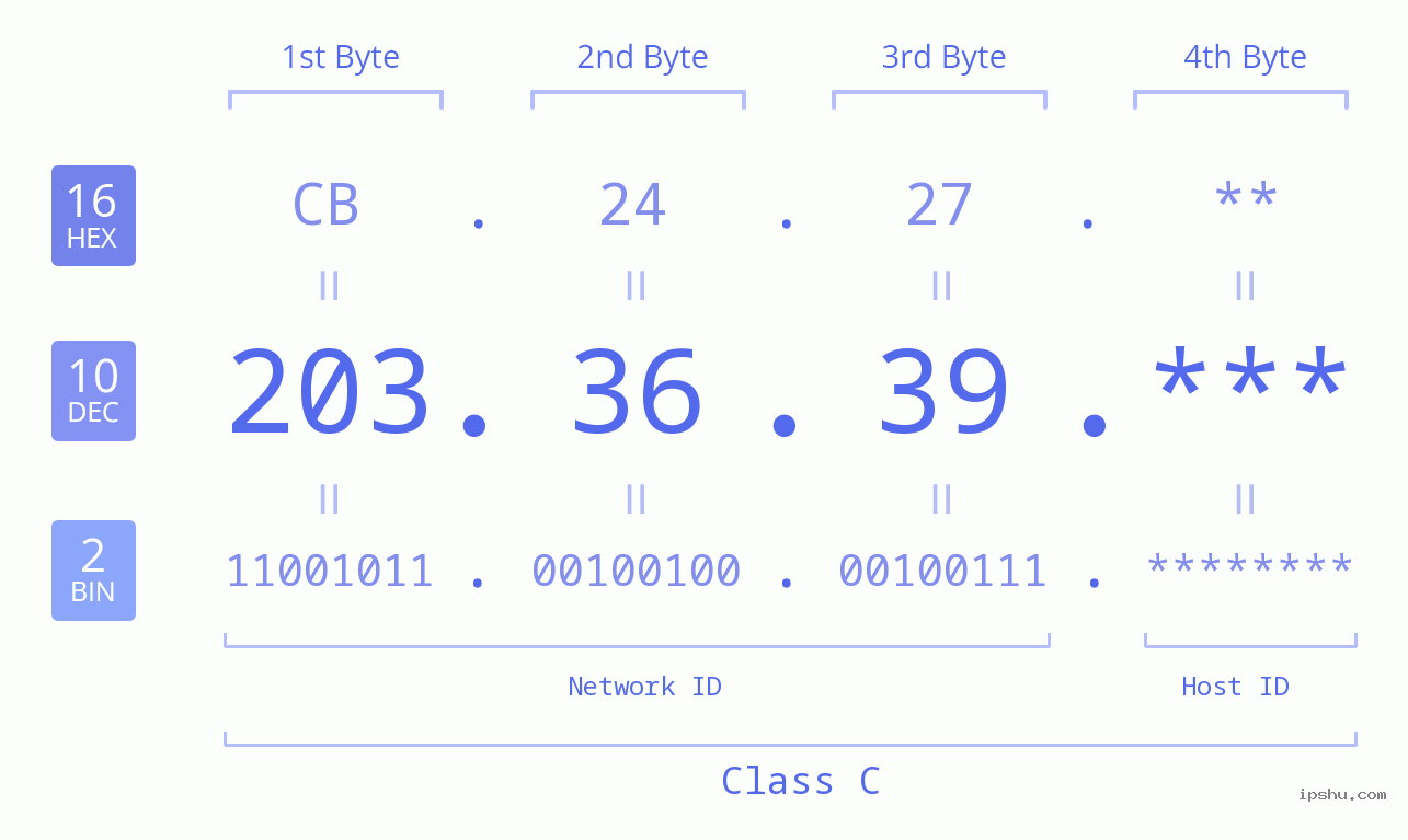 IP Address: 203.36.39 Data Structure Chart BIN DEC HEX IPv4: 203.36.39 Network Class, Net ID, Host ID