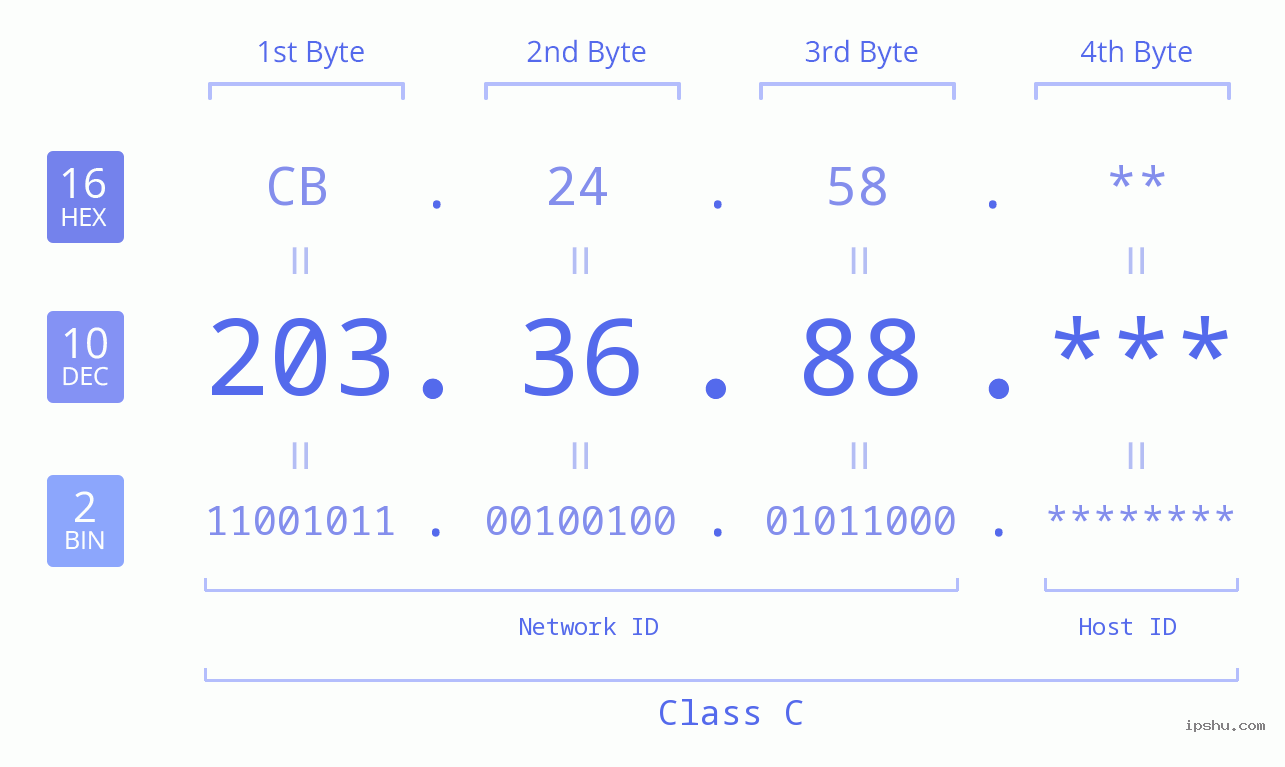 IP Address: 203.36.88 Data Structure Chart BIN DEC HEX IPv4: 203.36.88 Network Class, Net ID, Host ID
