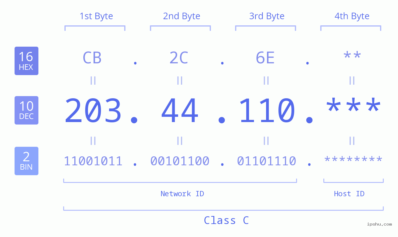 IP Address: 203.44.110 Data Structure Chart BIN DEC HEX IPv4: 203.44.110 Network Class, Net ID, Host ID