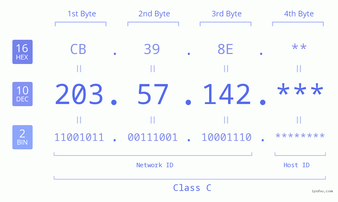 IP Address: 203.57.142 Data Structure Chart BIN DEC HEX IPv4: 203.57.142 Network Class, Net ID, Host ID