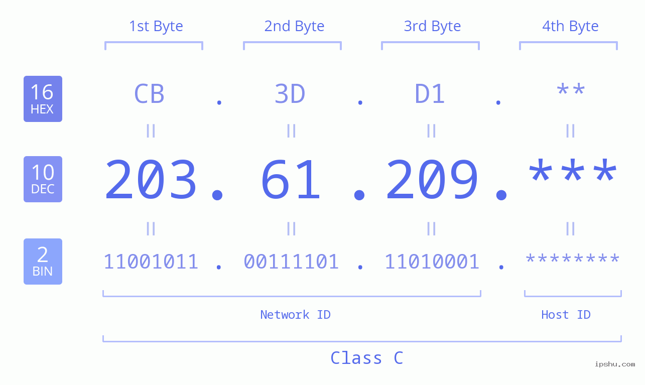 IP Address: 203.61.209 Data Structure Chart BIN DEC HEX IPv4: 203.61.209 Network Class, Net ID, Host ID
