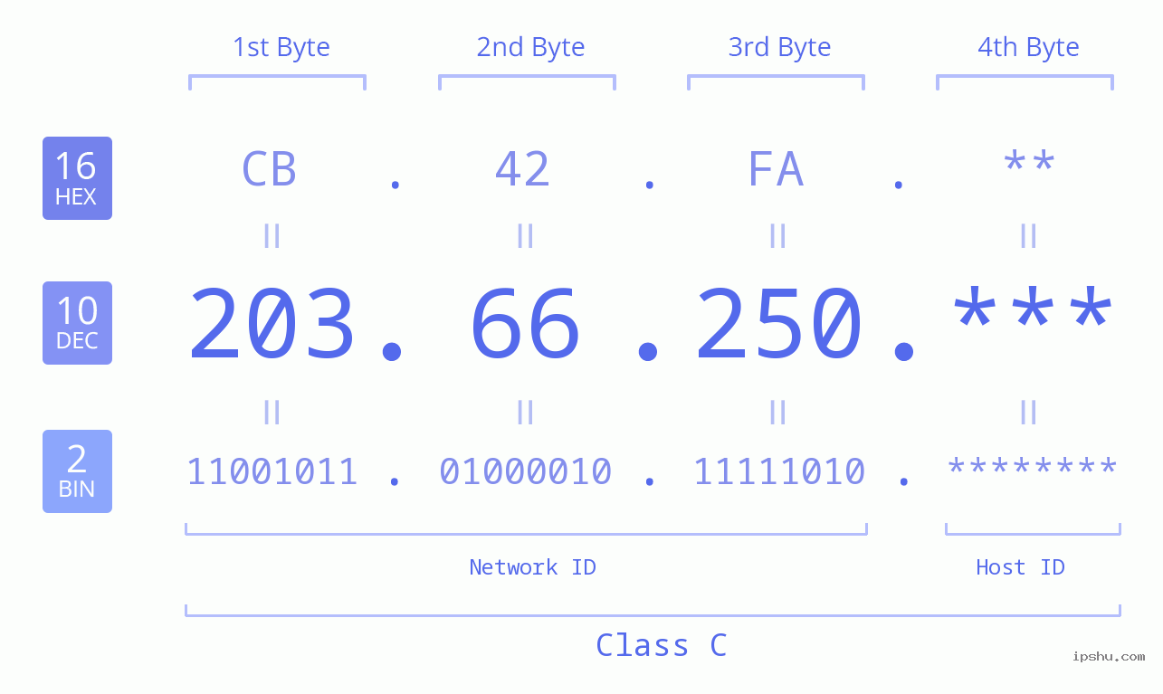 IP Address: 203.66.250 Data Structure Chart BIN DEC HEX IPv4: 203.66.250 Network Class, Net ID, Host ID