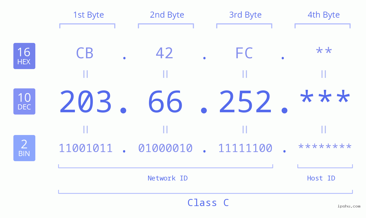 IP Address: 203.66.252 Data Structure Chart BIN DEC HEX IPv4: 203.66.252 Network Class, Net ID, Host ID