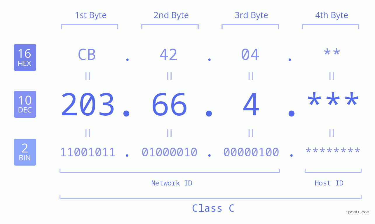 IP Address: 203.66.4 Data Structure Chart BIN DEC HEX IPv4: 203.66.4 Network Class, Net ID, Host ID