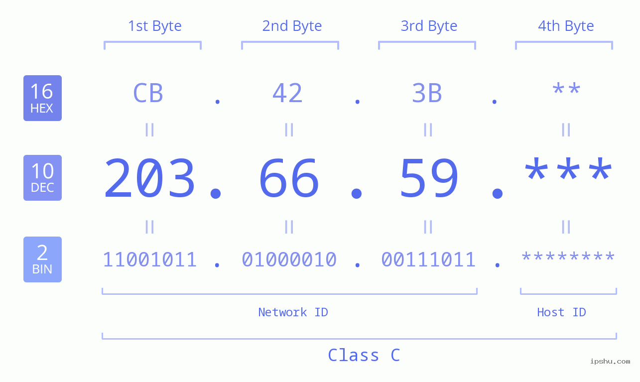IP Address: 203.66.59 Data Structure Chart BIN DEC HEX IPv4: 203.66.59 Network Class, Net ID, Host ID