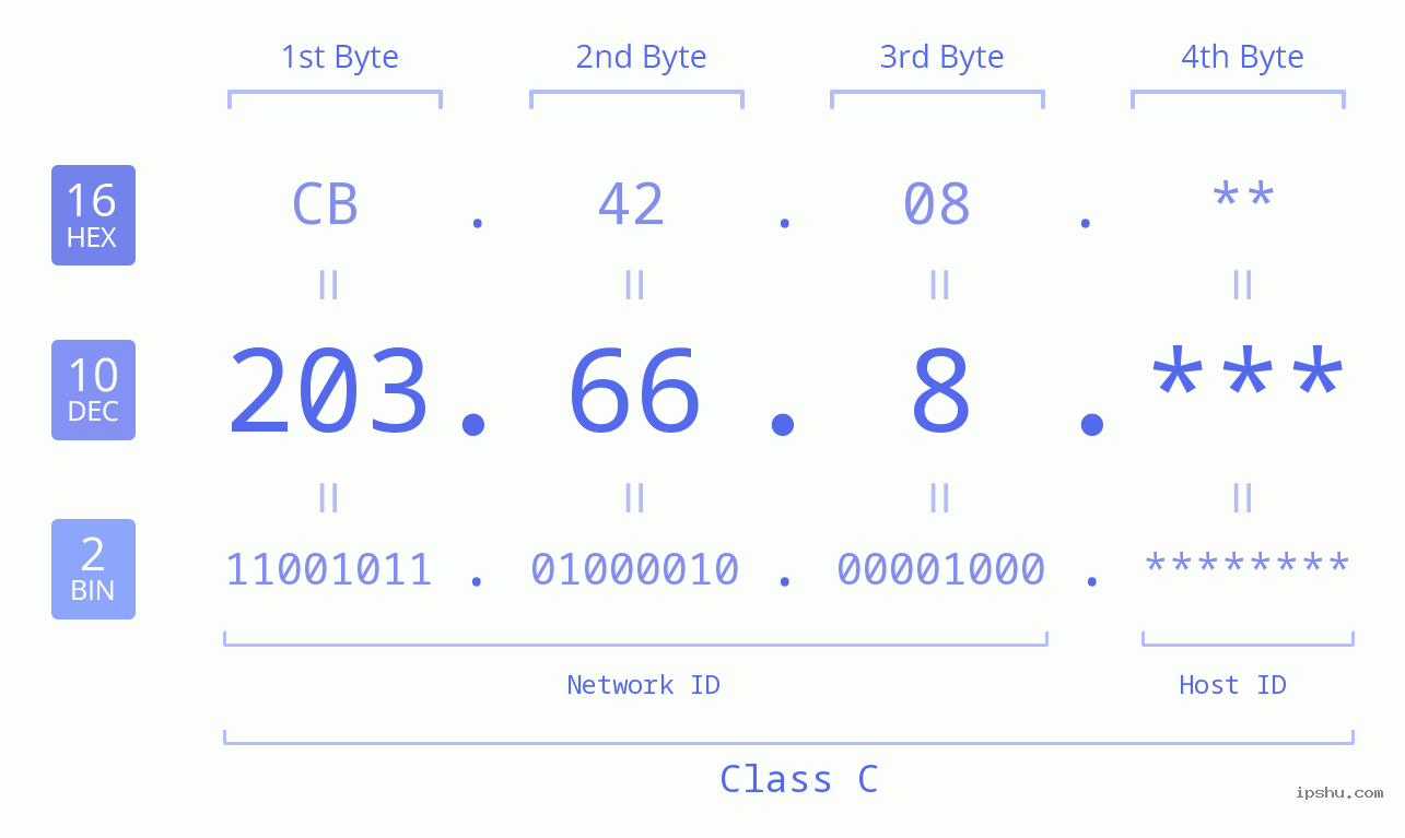 IP Address: 203.66.8 Data Structure Chart BIN DEC HEX IPv4: 203.66.8 Network Class, Net ID, Host ID