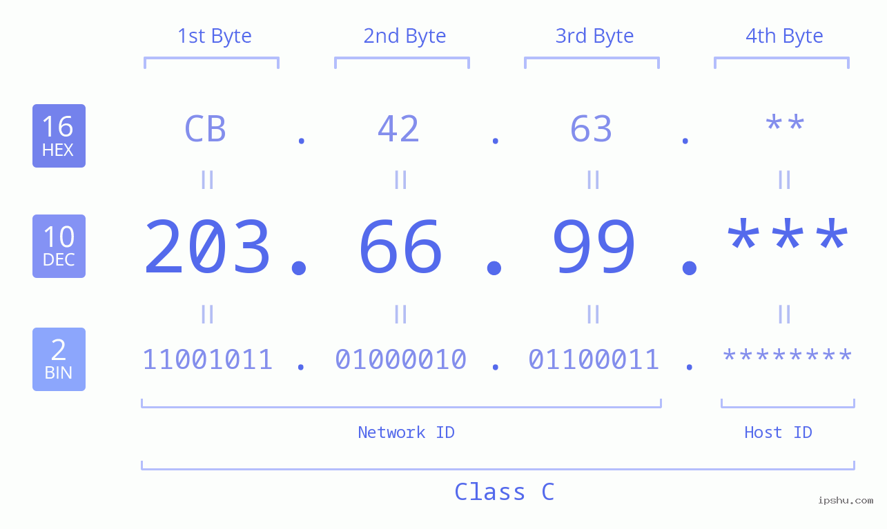 IP Address: 203.66.99 Data Structure Chart BIN DEC HEX IPv4: 203.66.99 Network Class, Net ID, Host ID