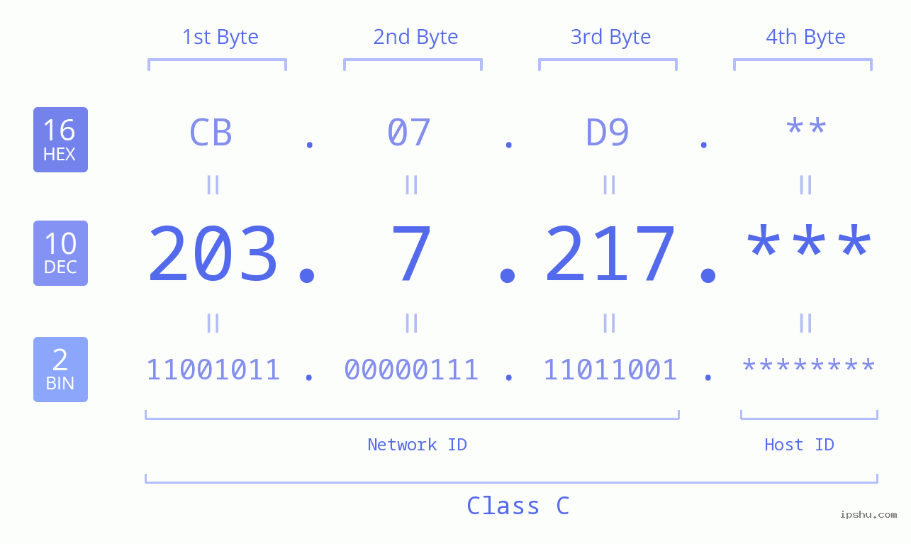 IP Address: 203.7.217 Data Structure Chart BIN DEC HEX IPv4: 203.7.217 Network Class, Net ID, Host ID