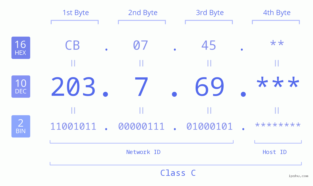 IP Address: 203.7.69 Data Structure Chart BIN DEC HEX IPv4: 203.7.69 Network Class, Net ID, Host ID