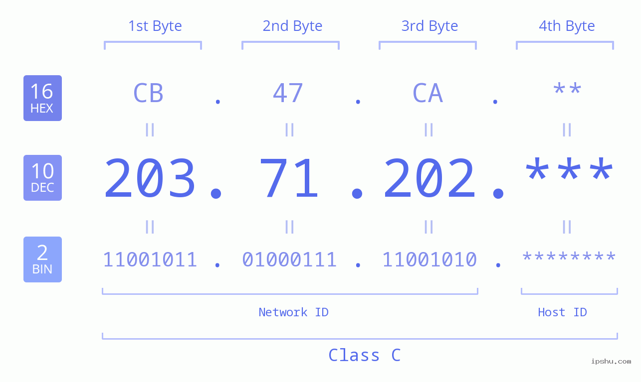 IP Address: 203.71.202 Data Structure Chart BIN DEC HEX IPv4: 203.71.202 Network Class, Net ID, Host ID