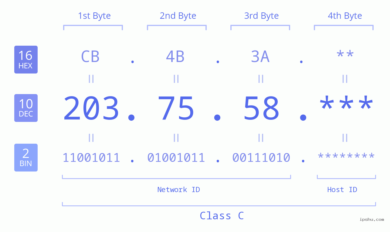 IP Address: 203.75.58 Data Structure Chart BIN DEC HEX IPv4: 203.75.58 Network Class, Net ID, Host ID