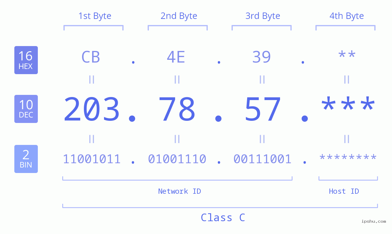 IP Address: 203.78.57 Data Structure Chart BIN DEC HEX IPv4: 203.78.57 Network Class, Net ID, Host ID
