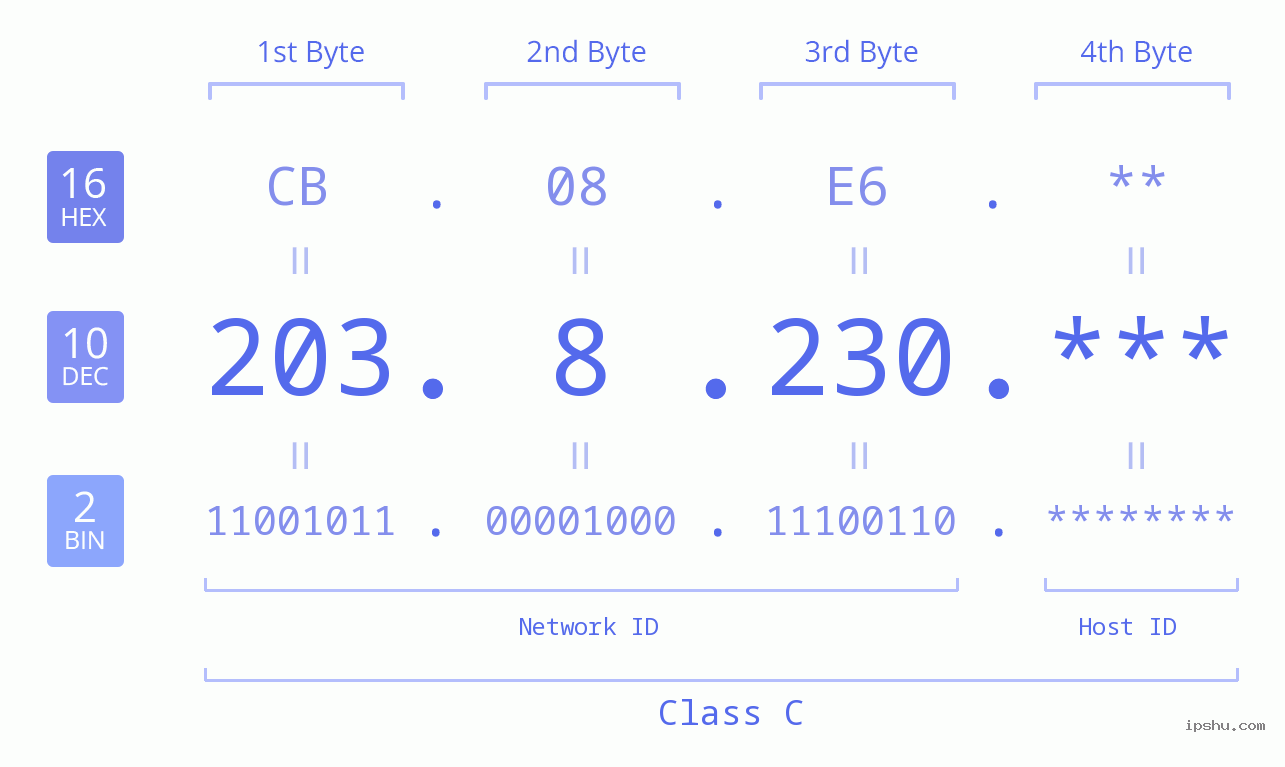 IP Address: 203.8.230 Data Structure Chart BIN DEC HEX IPv4: 203.8.230 Network Class, Net ID, Host ID